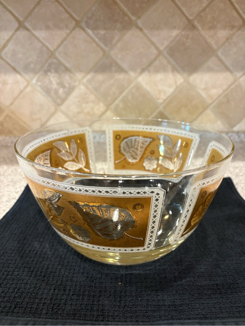 Vintage Cera Large Bowl, Gold Tones Leaf Images